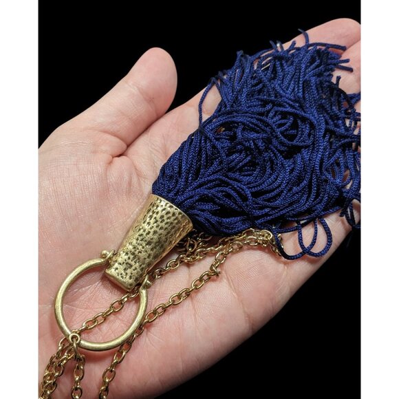 Hammered Gold Tone Tassel Pendant Necklace With Blue Tassel - Picture 4 of 6